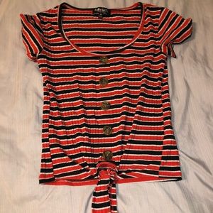 Black, red, and white stripped shirt